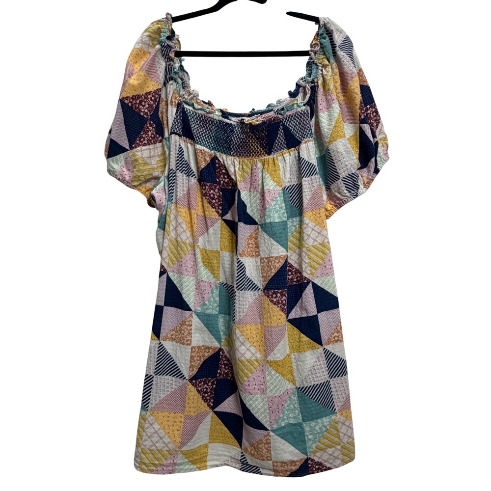 a.n.a Patchwork Babydoll Dress Short Sleeve Smocked Neck Womens Sz 2X
